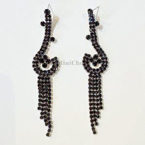 Elegant Black Rhinestone Cluster Long Dangle Tassel Earrings